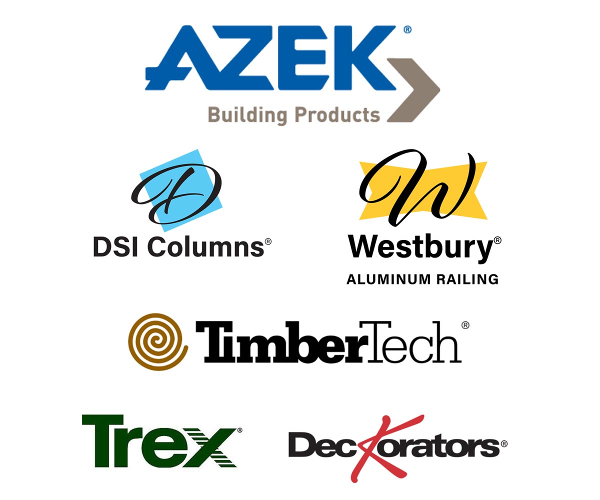 We use materials from Azek, DSI, Westbury, TimberTech, Trex, and Deckorators.