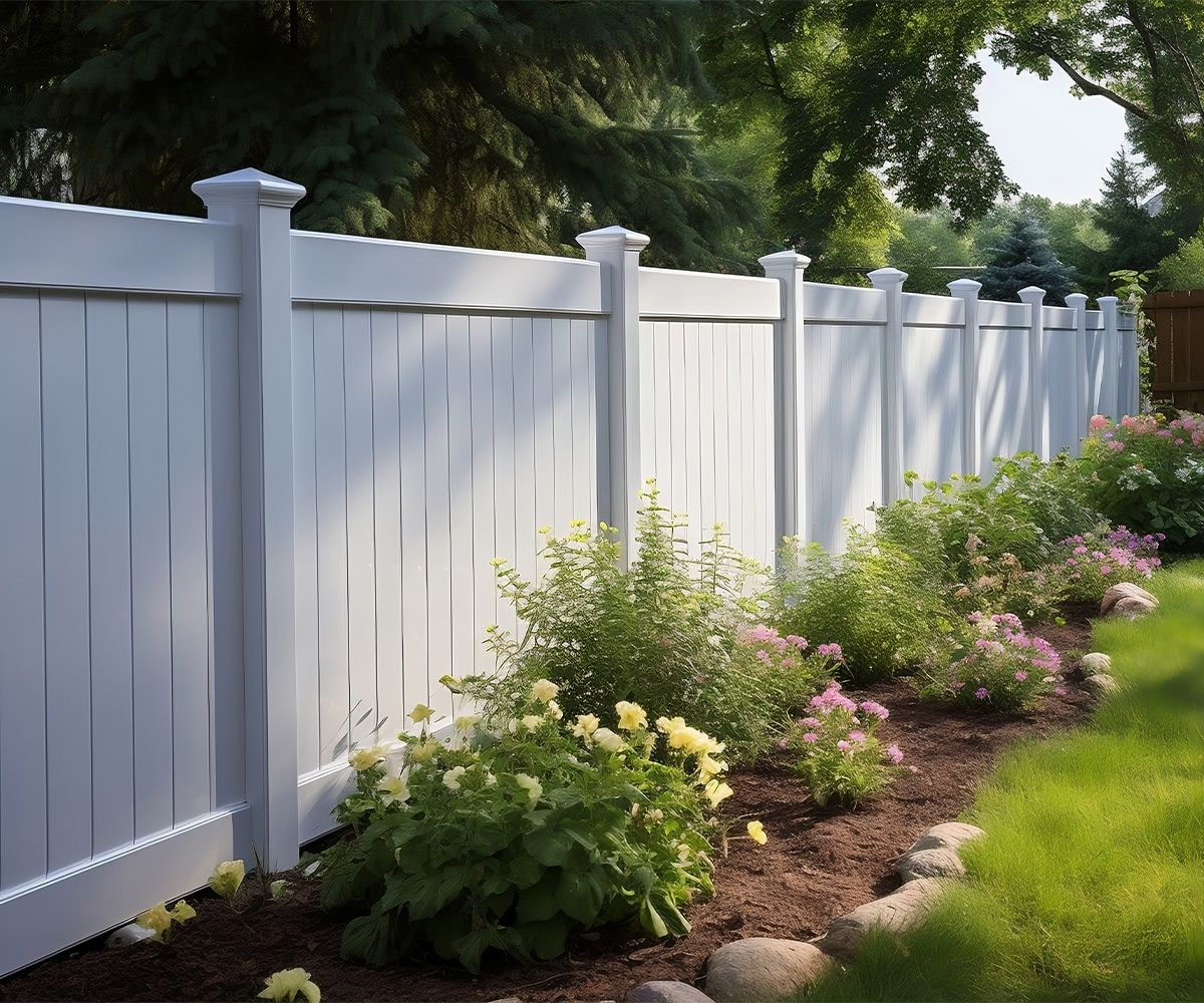 White privacy fence with garden, installed by fence contractor Sugarcreek