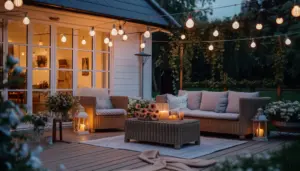 Deck design ideas with string lights, outdoor seating, planters, and a cozy fire feature