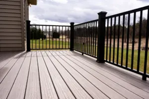 Light composite deck with black railing overlooking a grassy backyard